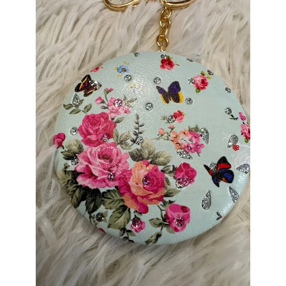 Doble side mirror keychain cushion design flower butterfly with sparkles green